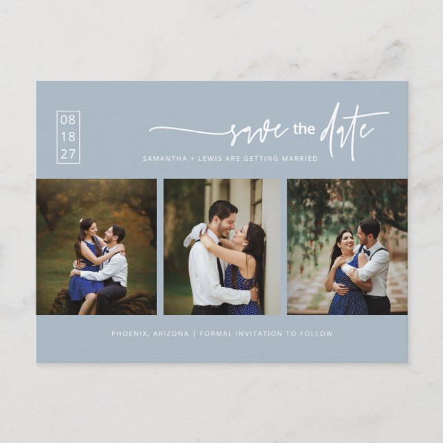 Minimalist Dusty Blue Photo QR Code Save the Date Postcard (Front)