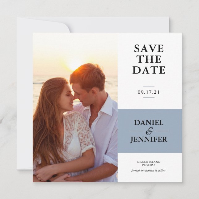 Minimalist Dusty Blue Photo Wedding Save The Date (Front)