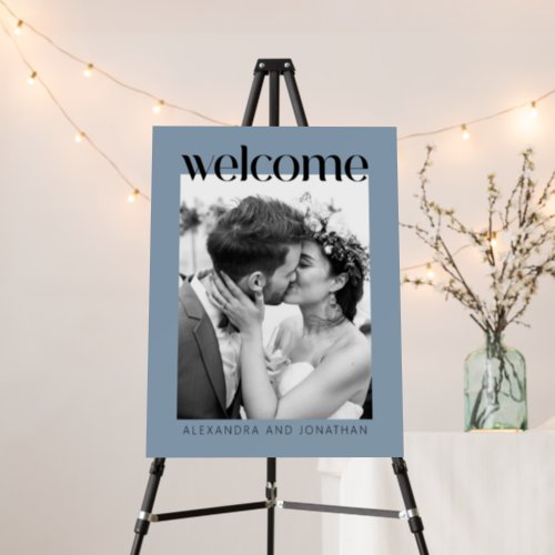 Minimalist Dusty Blue Photo Wedding Welcome Sign