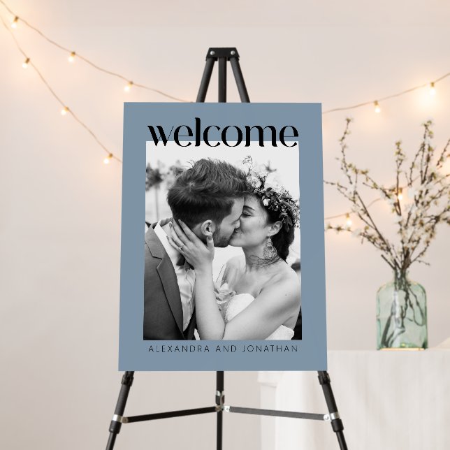 Minimalist Dusty Blue Photo Wedding Welcome Sign (In Situ (Stand))