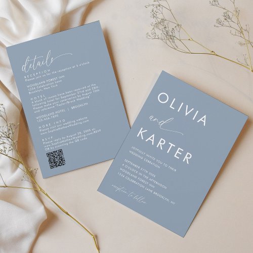Minimalist Dusty Blue QR Code All in One Wedding Invitation