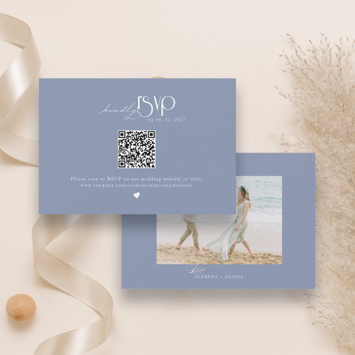 Minimalist Dusty Blue QR Code Wedding Website RSVP Card