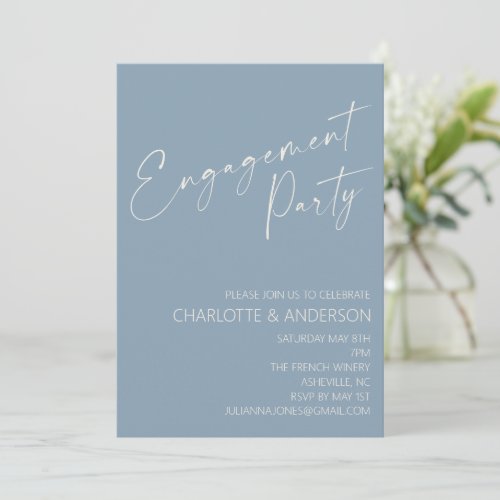 Minimalist Dusty Blue Script Engagement Party Invitation