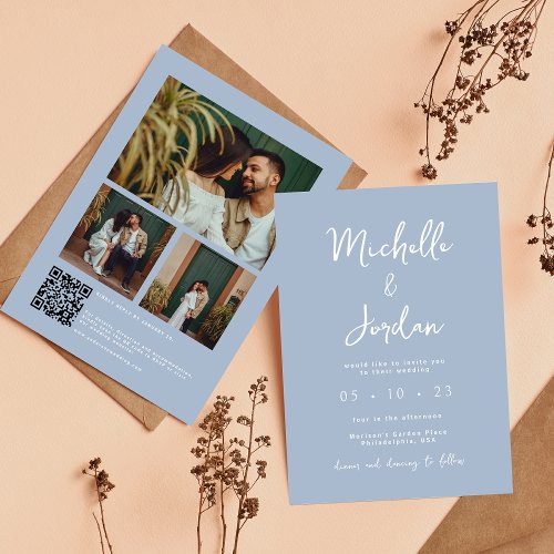 Minimalist Dusty Blue Script Photo QR Wedding Invitation