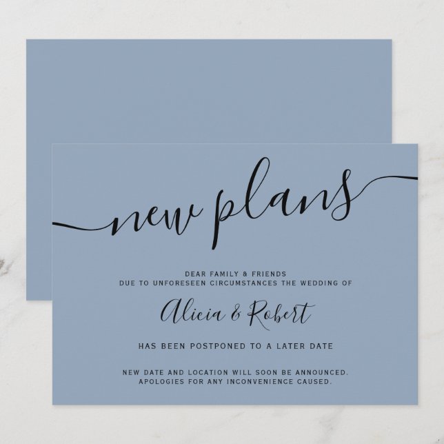 minimalist dusty blue script postponed new plans invitation (Front/Back)