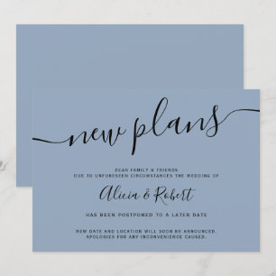 minimalist dusty blue script postponed new plans invitation