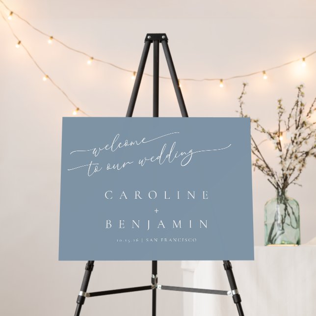 Minimalist Dusty Blue Script Wedding Welcome Foam Board (In Situ (Stand))