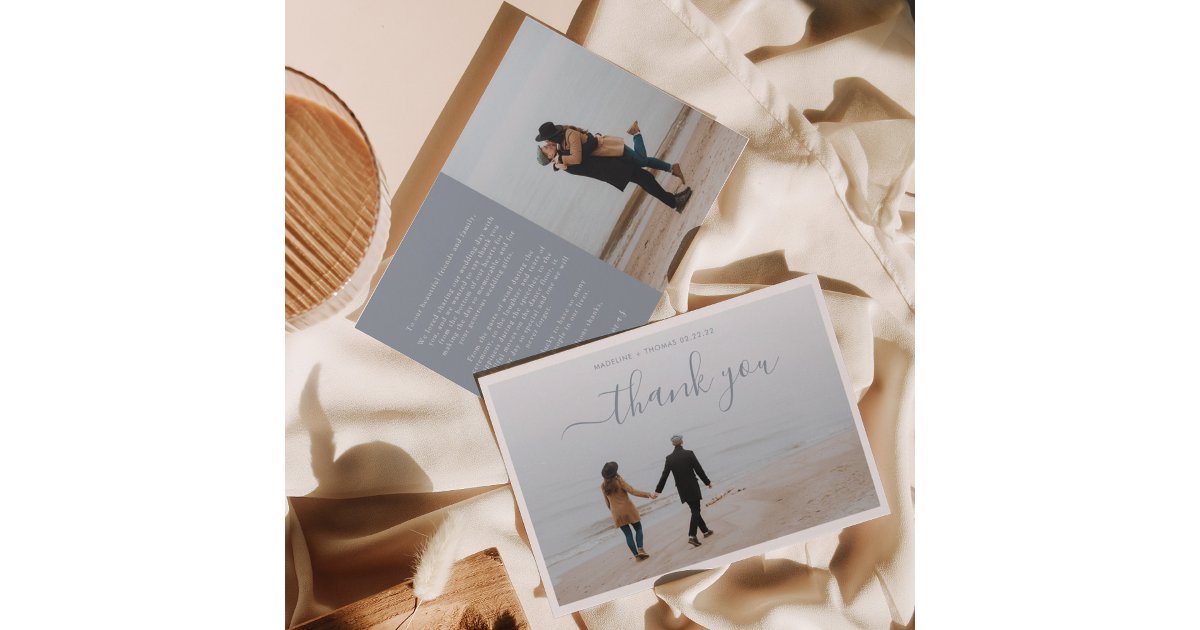 Minimalist Dusty Blue Script with 2 photo wedding Thank You Card | Zazzle