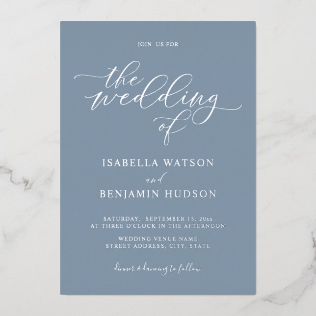 Minimalist Dusty Blue Silver Calligraphy Wedding Foil Invitation (Front)