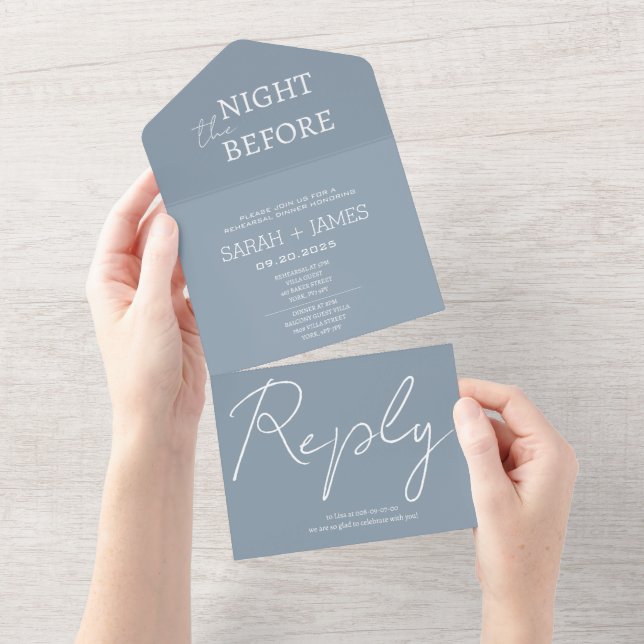Minimalist Dusty Blue the Night Before Wedding  All In One Invitation (Tearaway)