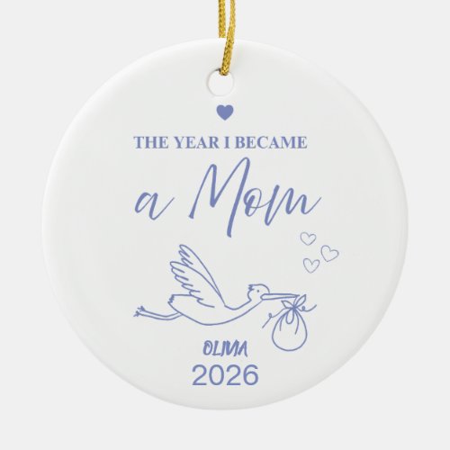 Minimalist Dusty Blue The Year I Became A Mom Ceramic Ornament