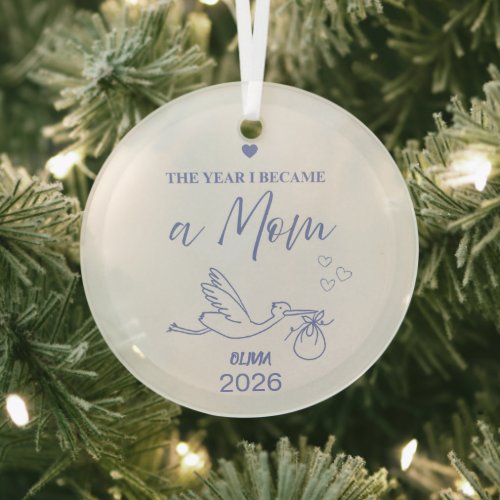 Minimalist Dusty Blue The Year I Became A Mom Glass Ornament