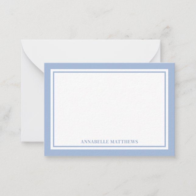 Minimalist Dusty Blue Two Border Monogram Note Card (Front)