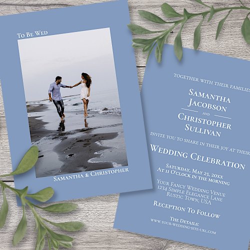 Minimalist Dusty Blue Vertical Photo Wedding Invitation