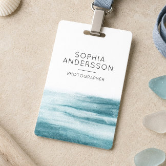 Minimalist Dusty Blue Watercolor Ocean Name Badge