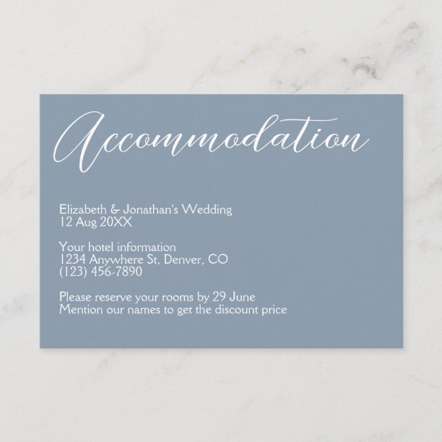 Minimalist Dusty Blue Wedding Accommodation Enclosure Card (Front)