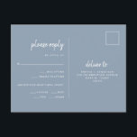 Minimalist Dusty Blue Wedding | Meal Choice RSVP Postcard<br><div class="desc">These elegant, minimalist wedding response postcards feature modern script typography and clean, sans serif text for a simple and stylish dusty blue and white design you will love. There is room to add your guests options for meal choice of entrée or dinner choice. Text is kept away from the top...</div>