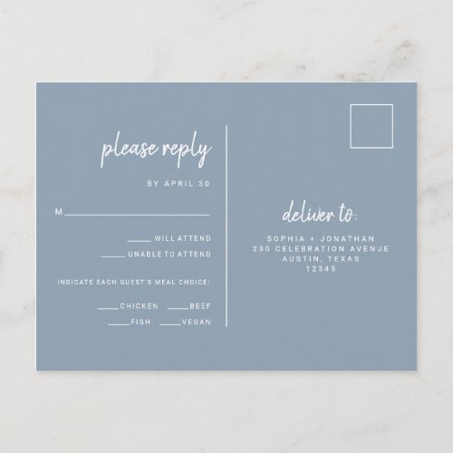 Minimalist Dusty Blue Wedding  Meal Choice RSVP Postcard