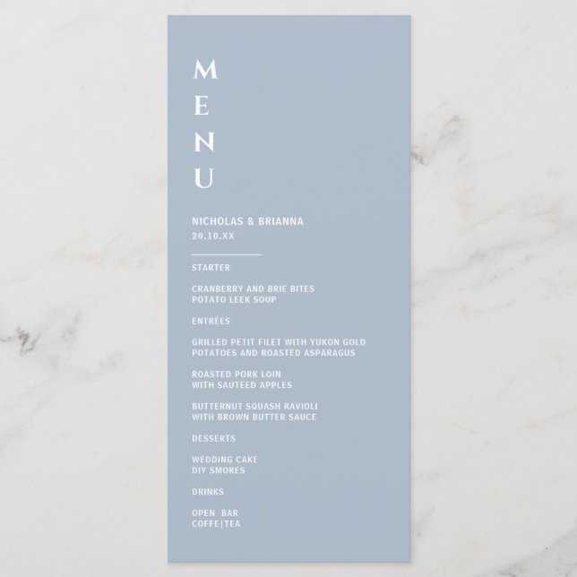 Minimalist Dusty Blue Wedding Menu (Front)