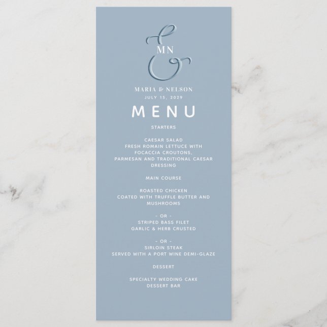 Minimalist Dusty Blue Wedding Menu (Front)