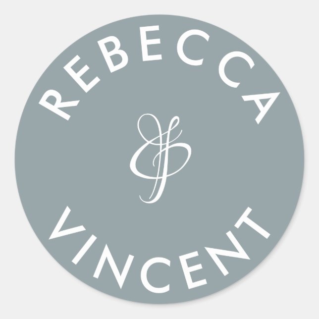 Minimalist Dusty Blue Wedding Personalized Names  Classic Round Sticker (Front)
