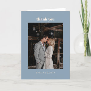 Minimalist Dusty Blue Wedding Photo Folded Letterpress Thank You Card