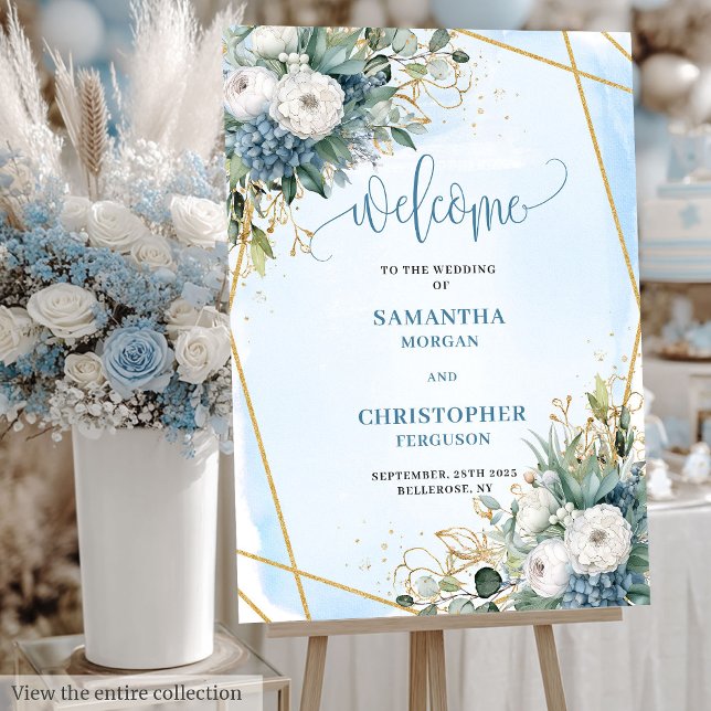 Minimalist Dusty Blue White Peony Wedding Welcome  Foam Board (Minimalist Dusty Blue White Peony Wedding Welcome Sign)