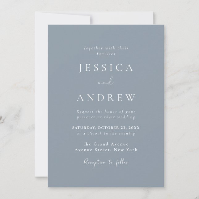 Minimalist dusty blue & White Simple Wedding Invitation (Front)