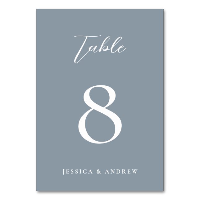 Minimalist dusty blue & White Simple Wedding Table Number (Front)