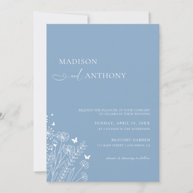 Minimalist Dusty Blue Wildflower Wedding Invitation (Front)