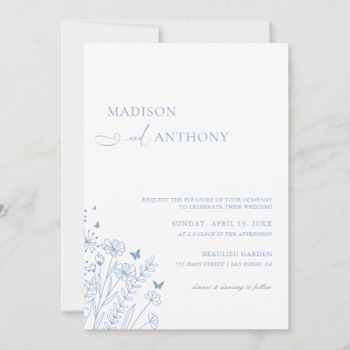 Minimalist Dusty Blue Wildflower Wedding Invitation