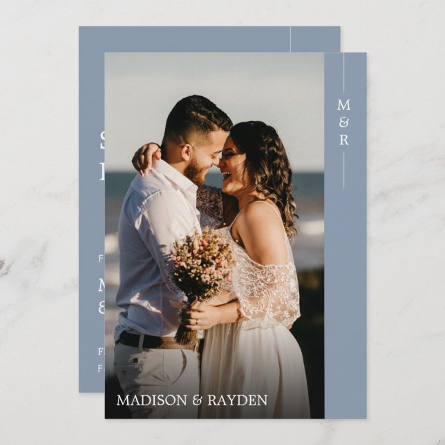 Minimalist Dusty Blue with Photo Monogram Wedding Save The Date (Front/Back)