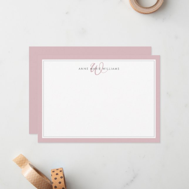 Minimalist Dusty Lilac Two Border Monogram Note Card (Front/Back In Situ)