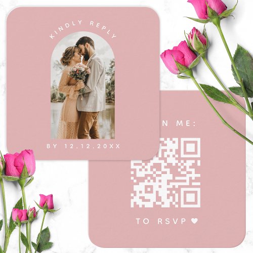 Minimalist Dusty Pink Arch Photo Qr Code RSVP Chic Enclosure Card