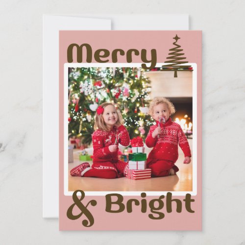 Minimalist Dusty Pink Brown Christmas Tree Photo Holiday Card