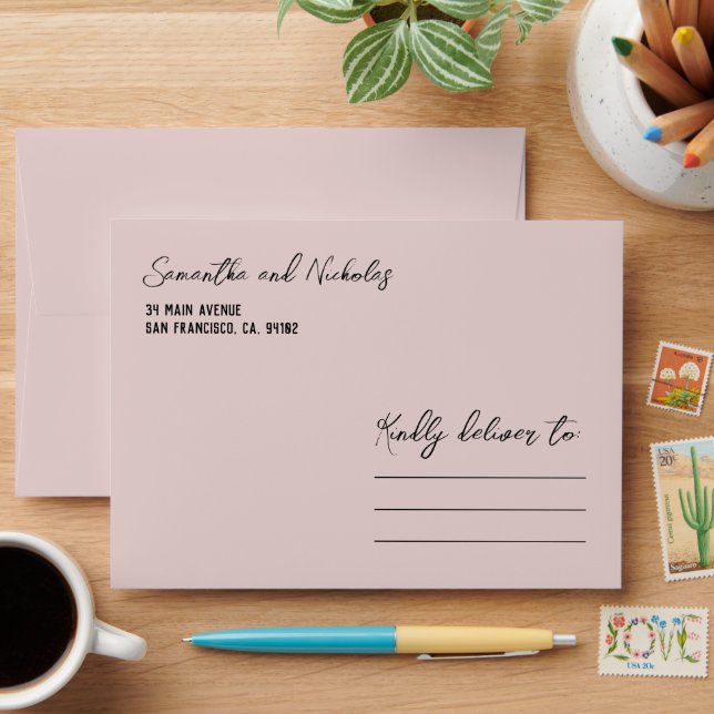 Minimalist Dusty Pink Calligraphy Script Envelope (Desk)
