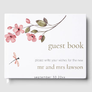 Minimalist Dusty Pink Dragonfly Blossom Guest Book