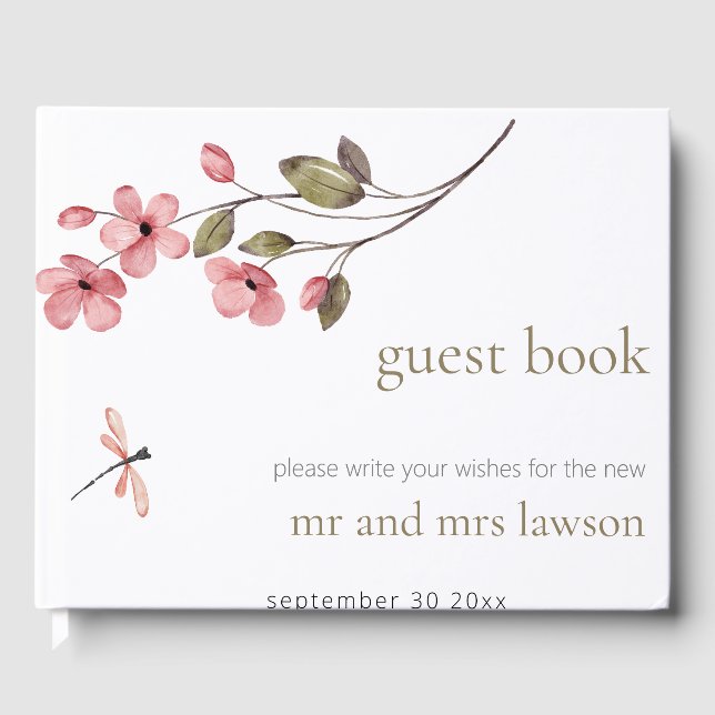 Minimalist Dusty Pink Dragonfly Blossom  Guest Book (Front)