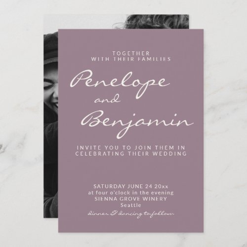 Minimalist Dusty Purple Script Wedding Photo Invitation