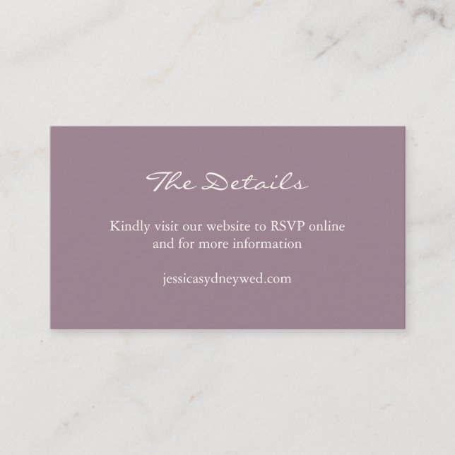 Minimalist Dusty Purple Script Wedding Website Enclosure Card (Front)