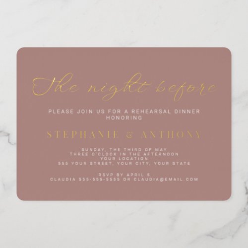 Minimalist Dusty Rose and Gold The Night Before  Foil Invitation