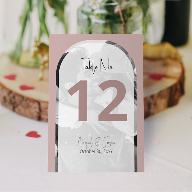 💍 Minimalist Dusty Rose Arched Photo Wedding  Table Number (Taupe / Mauve Arched Wedding Photo Table Table Numbers | Personalize and Preview on Screen Now!)