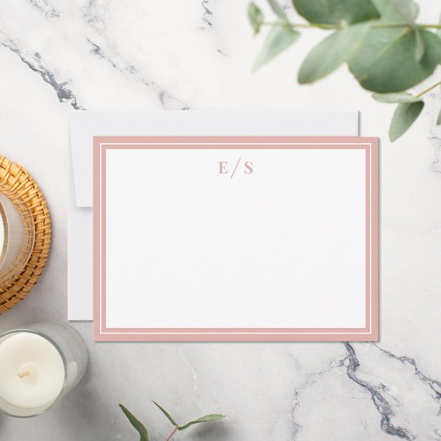 Minimalist Dusty Rose Pink Border Monogram Note Card (Creator Uploaded)