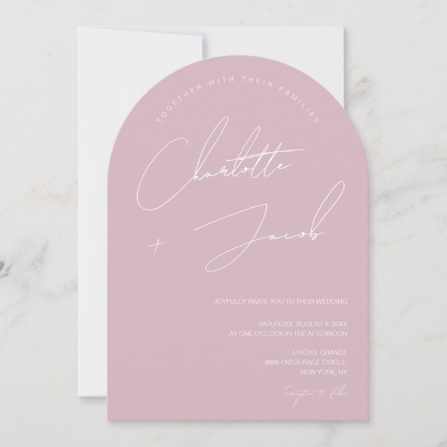 Minimalist Dusty rose Pink Script arch Wedding Invitation (Front)
