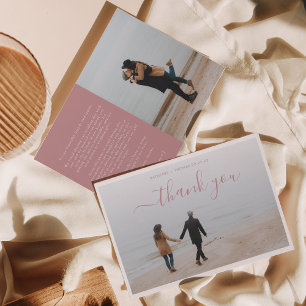 Minimalist Dusty Rose Script with 2 photo wedding Thank You Card