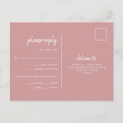 Minimalist Dusty Rose Wedding  Meal Choice RSVP Postcard