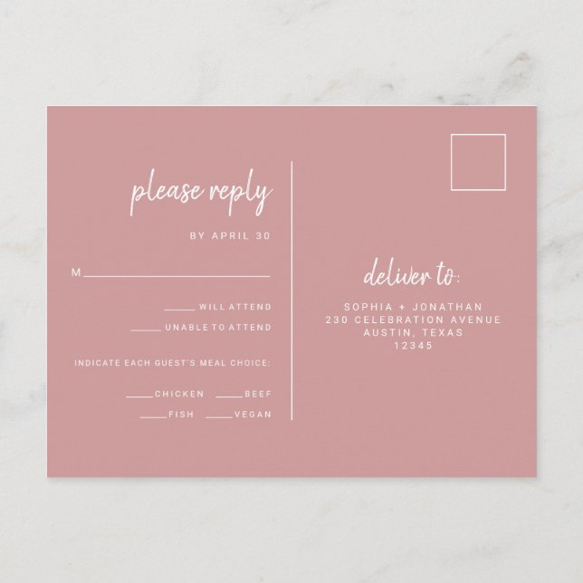 Minimalist Dusty Rose Wedding | Meal Choice RSVP Postcard (Back)
