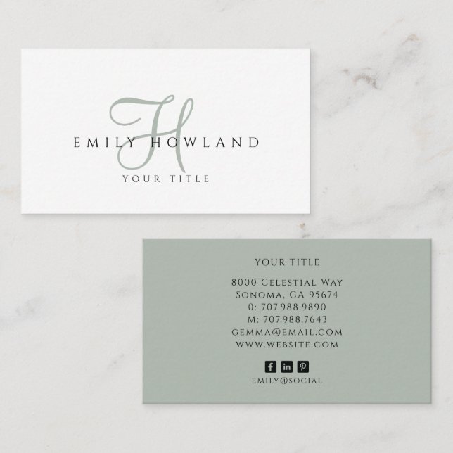Minimalist Dusty Sage Green Script Monogram Name  Business Card (Front/Back)