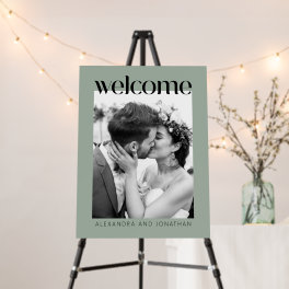 Minimalist Dusty Sage Photo Wedding Welcome Sign