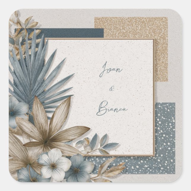 Minimalist Dusty Teal Gold Glitter Tropical Square Sticker (Front)